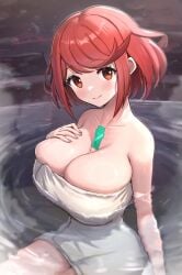 1girls big_breasts breasts core_crystal female female_only gonzarez hot_spring large_breasts light-skinned_female light_skin looking_at_viewer massive_breasts nintendo pyra red_eyes red_hair short_hair towel water xenoblade_(series) xenoblade_chronicles_2