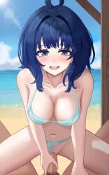 absurdres ahoge beach bikini bikini_bottom_aside blue_bikini blue_eyes blue_hair blush breasts censored cleavage clothing_aside cloud cloudy_sky collarbone cowgirl_position floral_print groin guided_penetration highres large_breasts looking_at_viewer make_heroine_ga_oo_sugiru! mosaic_censoring naughty_face navel nose_blush ocean open_mouth penis penis_grab print_bikini pussy sand sex shiny_skin shiranaishi sidelocks sky smile stomach straddling sunlight swimsuit vaginal_penetration yanami_anna