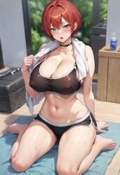 ai_generated bluvoll covered_nipples heavy_breathing kneeling large_breasts nipple_bulge nipples nipples_visible_through_clothing red_hair short_hair shorts sports_bra sweating towel workout workout_clothes yoga_mat