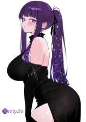 1girls absurdres bare_shoulders black_dress black_gloves blunt_bangs blush breasts commentary dress earrings elbow_gloves female fern_(sousou_no_frieren) from_side gloves hair_ribbon halter_dress halterneck highres jewelry large_breasts long_hair looking_at_viewer looking_to_the_side miychi ponytail purple_eyes purple_hair ribbon side_slit sidelocks simple_background solo sousou_no_frieren standing thighhighs white_background white_ribbon white_thighhighs