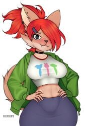 2d blush choker cute earrings fangs foster's_home_for_imaginary_friends frankie_foster hoodie hourglass_figure huge_ass huge_breasts kurupi_(artist) pencil_skirt piercing red_hair skirt tail thick_ass thick_thighs wide_hips