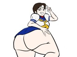 1girls ass ass_focus big_ass big_breasts bottomless bottomless_skirt breasts brown_eyes brown_hair capcom chubby chubby_female from_behind hand_on_butt headband huge_ass looking_back peace_sign plumkin pussy sakura_kasugano school_uniform schoolgirl short_hair skirt smile street_fighter thick thick_ass thick_thighs tomboy