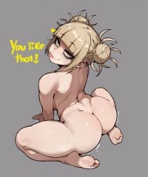 :p ass back bags_under_eyes bangs barefoot blonde_hair blunt_bangs boku_no_hero_academia breasts completely_nude double_bun feet female from_behind grey_background hair_bun looking_at_viewer looking_back medium_breasts messy_hair my_hero_academia nude shiny short_hair simple_background sitting smile soles solo sondu thick_thighs thighs toes toga_himiko tongue tongue_out yellow_eyes