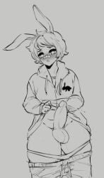 1boy balls bandage_on_nose black_and_white blush blush bunny_boy bunny_ears dravisdraws hoodie hoodie_lift male no_color oliver_(dravisdraws) pants_down penis showing_penis solo solo_focus solo_male underwear