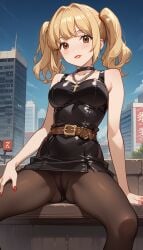 1girls ai_generated ass_visible_through_thighs bangs bare_arms bare_shoulders belt black_choker black_dress black_pantyhose blonde_hair blue_sky blush breasts brown_belt brown_eyes brown_pantyhose building cameltoe choker city collarbone cross cross_necklace crotch_seam day death_note dress earrings feet_out_of_frame gusset hair_intakes hand_on_own_thigh jewelry lipstick long_hair looking_at_viewer makeup medium_breasts medium_hair misa_amane nail_polish natsuyoru necklace outdoors panties panties_under_pantyhose pantyhose parted_lips red_lips red_nails shiny_clothes short_dress sidelocks sitting sky sleeveless sleeveless_dress smile solo spread_legs thighs twintails underwear upskirt