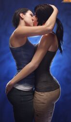 2girls 3d artist_name ass_grab bare_arms brown_hair capcom clothed_female clothing eyes_closed female female_only from_side groping hands_in_hair hands_on_ass jill_valentine kissing lara_croft lesbian long_hair making_out ponytail resident_evil resident_evil_3_remake shaved_armpit short_hair sleeveless sleeveless_shirt smitty34 source_request tank_top tomb_raider yuri