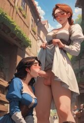 1futa ai_generated black_hair blowjob blush brown_hair cleavage closed_eyes cum cum_in_mouth dickgirl dress dress_lift duo duo_focus erection fellatio from_below futa_focus futa_on_female futa_on_futa futa_with_female futa_with_futa futanari lifted_by_self medieval orgasm original outdoors penis public_indecency revenge623 self_upload street testicles