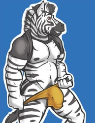 1boy anthro biceps blue_background brown_eyes bulge clamcrusher clothing ear_piercing equine furry grin looking_at_viewer male male_only mammal muscular navel nipple_piercing nipples penis_outline piercing pose raised_shirt shirt simple_background solo speedo standing swimsuit underwear yellow_underwear zebra