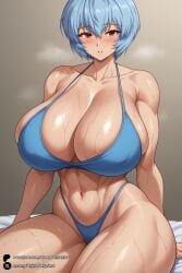 1girls ai_generated alternate_breast_size bangs bikini blue_bikini blue_hair blush breasts cleavage collarbone curvy huge_breasts looking_at_viewer navel neon_genesis_evangelion parted_lips red_eyes rei_ayanami short_hair sitting solo sweat swimsuit thick_thighs thighs unjobdespiert