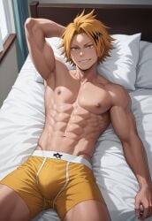 1boy abs ai_generated armpits arms_behind_back boku_no_hero_academia boxer_briefs boxer_briefs_only bsky_link bulge civitai denki_kaminari dvxxxgrai gay kaminari_denki lying_on_back lying_on_bed male male_only male_underwear muscular muscular_male my_hero_academia navel nipples nude pony_diffusion_xl smirk solo solo_male tagme toned toned_body toned_male twitter underwear underwear_only x_(social_media) yaoi yellow_eyes yellow_male_underwear