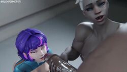 1boy 2girls 3d absurdly_large_cock african african_female asian asian_female blendernoper cum cum_in_mouth cum_on_face cyborg dark-skinned_female dark-skinned_male female gilf grey_hair handjob juno_(overwatch) overwatch overwatch_2 sojourn_(overwatch) swallowing_cum tagme very_dark_skin video