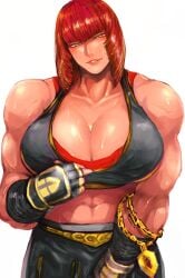 1girls abs bangs big_breasts blush bra bra_lift breasts clavicle clothing cowboy_shot diagonal_bangs female green_eyes highres huge_breasts large_breasts lifted_by_self looking_at_viewer marisa_rossetti mole mole_under_eye muscle muscular muscular_female navel one_eye_closed open_mouth pectorals red_hair revealing_clothes shirt_lift short_hair sidelocks smile solo solo_female spread_legs street_fighter street_fighter_6 thick_thighs thighs undressing white_background zmnjo1440