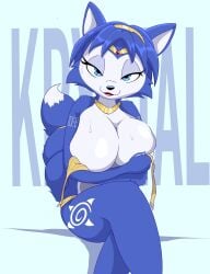 2024 accessory anthro bandeau bedroom_eyes big_breasts blue_body blue_fur blue_hair bodily_fluids bottomwear breast_squish breasts canid canine canis character_name cleavage clothed clothing covering covering_breasts crossed_legs digital_media_(artwork) english_text female fox fur hair half-closed_eyes hi_res jewelry krystal krystal_(star_fox) loincloth looking_at_viewer mammal markings narrowed_eyes necklace nintendo open_mouth seductive sitting solo squish star_fox star_fox_adventures sweat tail tattoo text topwear tribal tribal_markings wardrobe_malfunction white_body white_fur zebra10045