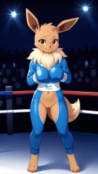 1girls 2025 ai_generated anthro blush boxing boxing_gloves breasts brown_eyes brown_fur crotchless crowd digitigrade eevee female female_only generation_1_pokemon hi_res innie_pussy looking_at_viewer night nintendo outdoors pokemon pokemon_(species) pussy smile