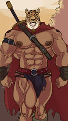 1boy abs anthro armor belt biceps big_muscles black_nose brown_fur bulge cape clothed clothing feline footwear fur furious_(artist) guin guin_saga half-dressed huge_muscles hybrid leopard loincloth male male_only mammal muscular nipples pecs solo standing the_king_&_guin:_slaves_of_the_tentacle topless weapon whiskers white_fur yellow_eyes