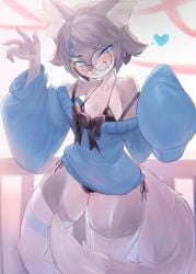 3gs bikini blue_sweater blush cute furry glasses smiling solo solo_female thighhighs underwear