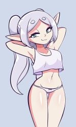 :3 armpits arms_behind_head ass_visible_through_thighs cowboy_shot crop_top female frieren gray_background green_eyes jek_korpen looking_at_viewer navel pointy_ears thighs twintails white_hair white_shirt