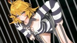 bent_over black_background blonde_hair chain_leash dokibird dokibird_(vtuber) looking_at_viewer loshi no_pants prison_cell prison_clothes prison_uniform prisoner short_hair standing stuck yellow_hair