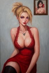 1girls ai ai_generated black_hair blonde_hair breasts clothed clothed_female dress earrings female female_focus female_only final_fantasy final_fantasy_vii final_fantasy_vii_rebirth final_fantasy_vii_remake milf naked naked_female necklace nipples nude nude_female picture picture_frame picture_on_wall purple_eyes quinzo11 red_dress red_eyes scarlet_(ffvii) self_upload square_enix stockings tifa_lockhart
