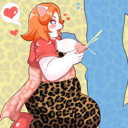 anthro balls big_breasts blush breasts chubby clothing color duo faceless_male feline female fur grape_jelly_(artist) hair heart huge_breasts humanoid_penis kneeling lactation licking lipstick male mammal mature_female milk nipples oral orange_hair paizuri penis penis_lick pink_eyes semba_lily sex smile speech_bubble tongue tongue_out white_fur