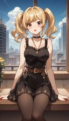 1girls :o ai_generated arm_support bangs bare_arms bare_shoulders belt belt_buckle black_choker black_dress black_pantyhose blonde_hair blue_sky blush breasts brown_belt brown_eyes brown_pantyhose buckle building choker city cityscape cleavage cloud collarbone day death_note dress earrings feet_out_of_frame flower hair_intakes heart heart_choker indoors jewelry large_breasts lipstick long_hair looking_at_viewer makeup medium_breasts medium_hair misa_amane nail_polish natsuyoru necklace open_mouth outdoors pantyhose parted_lips plant potted_plant red_lips red_nails short_dress sidelocks single_earring sitting sky skyscraper sleeveless sleeveless_dress solo star_(symbol) twintails window