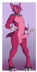 anthro athletic bat claws collar collar_only erection flaccid foreskin genitals gynomorph hair hi_res horn humanoid hybrid intersex kullax male mammal narusewolf nude nude_male pawpads paws penis pink_body pink_hair small_waist solo spiked_collar spikes standing surprised_expression