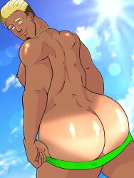 1boy 2020s 2021 ass back bara big_ass black_hair blonde_eyebrows blonde_hair dark-skinned_male dark_skin gay gold_necklace green_speedo male male_only mooning muscular necklace nipples nonjyaina original solo speedo tan tanlines textless two_tone_hair yaoi