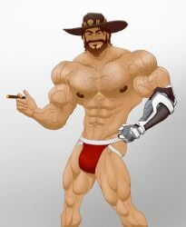 balls bara beard body_hair bulge cole_cassidy cybernetic_arm facial_hair flaccid jockstrap jockstrap_only jondessins male male_only muscles muscular overwatch penis solo solo_male