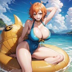 ai_generated artist_request big_breasts bikini brown_eyes curvy enjoying female female_only nami nami_(classic) nami_(one_piece) one_piece orange_hair pre-timeskip short_hair thick_thighs tight_clothing