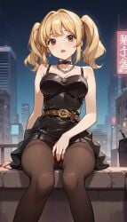 1girls ai_generated arm_support bangs bare_arms bare_shoulders belt between_legs black_choker black_dress black_pantyhose blonde_hair blush breasts brown_belt brown_eyes brown_pantyhose buckle building cameltoe choker city cityscape cleavage collarbone crotch_seam death_note dress earrings feet_out_of_frame hair_intakes hand_between_legs jewelry lamppost large_breasts lipstick long_hair looking_at_viewer makeup masturbation_through_clothes medium_breasts medium_hair misa_amane nail_polish natsuyoru necklace night night_sky outdoors panties panties_under_pantyhose pantyhose parted_lips red_lips red_nails short_dress sidelocks sitting sky skyscraper sleeveless sleeveless_dress solo spaghetti_strap thighband_pantyhose thighs twintails underwear upskirt