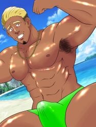 1boy 2020s 2021 armpit_hair beach black_hair blonde_hair bulge chin_tuft erection erection_under_clothes flexing gay gold_necklace green_speedo grin male male_only necklace nipples nonjyaina original solo speedo tan textless two_tone_hair