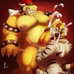 ball_fondling balls beard biceps bowser chubby collar cum cum_in_mouth cum_inside cum_on_face cumshot donryu duo ear_piercing erection eyebrow_piercing facial_hair facial_piercing feline fellatio fondling fur genital_piercing humanoid_penis kneeling koopa male male_only mammal mario_(series) musclegut muscular nintendo nipple_piercing nipples nose_piercing nude oral orgasm pecs penis penis_piercing piercing scalie sex spiked_collar stripes tiger uncut vex_(character) video_games white_tiger yaoi