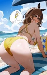 1girls absurdres all_fours amadeuslight ass atelier_(series) atelier_ryza ball beach beachball bikini blue_sky blush breasts brown_eyes brown_hair eyelashes from_behind hair_ornament hairclip highres large_breasts looking_at_viewer looking_back lotion_bottle medium_hair ocean open_mouth outdoors reisalin_stout shiny_skin short_hair sideboob sky smile solo speech_bubble spoken_object swimsuit thick_thighs thighs towel underboob yellow_bikini