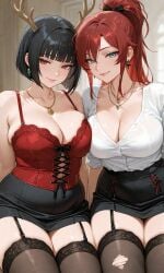 ai_generated antlers beach big_breasts bisexual black_hair cute elf_ears exotic_dancer eye_contact friends_with_benefits gloves pixie_cut red red_eyes red_gloves seductive_expression short_hair smirk smug_expression teasing usebackdooronly yuri