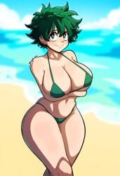 ai_generated bikini female_deku freckles genderswap_(mtf) green_bikini green_eyes green_hair izuku_midoriya kitty_rancher light_skin my_hero_academia rule_63 smile white_hair