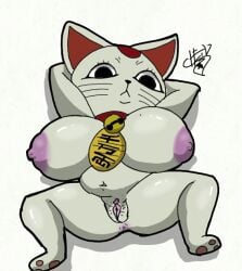 anthro areola ass bell bell_collar belly big_breasts big_butt breasts collar dandadan domestic_cat felid feline felis female foxchen fur genitals looking_at_viewer mammal maneki-neko nipples nude pubes pussy short_stack simple_background slightly_chubby slightly_chubby_female solo turbo_granny_(dandadan) white_body white_fur