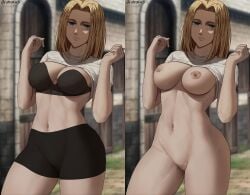 1girls attack_on_titan belly belly_button black_bra bra breasts christa_lenz edit edited female female_only historia_reiss nipples nude nude_female pants pussy savagexthicc shingeki_no_kyojin solo thick_thighs thighs third-party_edit