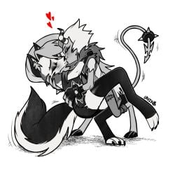 2d 2d_(artwork) accurate_art_style anthro arm_around_neck arm_around_shoulders black_and_white_horns black_claws black_eyebrows black_eyeliner black_fingerless_gloves black_gloves black_leggings black_legwear black_pawpads canid canine canis claws closed_eyes corazonarts cuddling digital_media_(artwork) duo feet female finger_claws fingers fur gloves grey_body grey_fur hair hand_on_shoulder helluva_boss hooves horns imp intimate kissing leggings legwear long_hair loona_(helluva_boss) male male/female mammal original_character red_skin romantic romantic_ambiance romantic_couple spiked_collar tagme tail thick_thighs toe_claws toes white_fur white_hair white_paws wolf