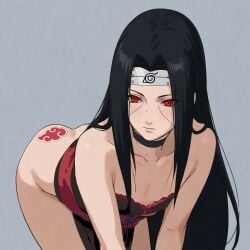 1boy ai_generated akatsuki_(naruto) androgynous ass bandana black_hair body_writing cute_male facial_mark femboy gay girly konohagakure_symbol long_hair male_only naruto naruto_(series) naruto_shippuden on_all_fours red_eyes sharingan uchiha_itachi