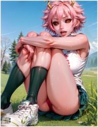 1girls ai_generated bewitching_thighs black_cornea boku_no_hero_academia fanart female female female_only golden_eyes grass grass_field highres looking_at_viewer mina_ashido my_hero_academia panties pink_body pink_hair school school_uniform schoolgirl short_hair sitting sitting_down socks thighs yametastudio