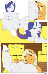 anthro anthrofied applejack_(mlp) blonde_hair blue_eyes breasts closed_eyes comic dekomaru duo earth_pony equine eyeshadow female fingering freckles friendship_is_magic fur furry green_eyes grey_nipples grey_pussy hay hay_bale horn horse lying makeup mammal my_little_pony navel nipples nude on_back open_mouth orange_fur page_7 page_number penetration pony purple_hair pussy pussy_juice rarity_(mlp) sex smooth_skin thehotroom unicorn white_fur yuri