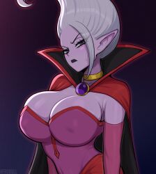 afrobull big_breasts breasts dr._arinsu dragon_ball dragon_ball_daima elf_ears gray_eyes huge_breasts lipstick looking_at_viewer massive_breasts nipples_visible_through_clothing purple_skin white_hair