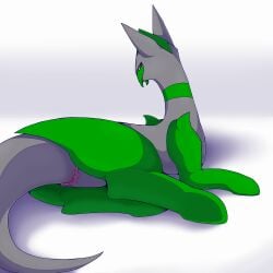 1:1 2024 2024_pokemon_gigaleak 2d animal_genitalia beta_pokemon_(species) beta_pokemon_games cloaca digital_media_(artwork) fangs featureless_feet feet female feral genitals giratina_(artist) green_body green_markings grey_body head_spikes hi_res leg_spikes long_neck long_tail looking_at_viewer looking_back lying markings mouth_closed multicolored_body neck_markings nintendo nude on_front pokemon presenting presenting_cloaca pupils quadruped red_eyes scalie shaded shadow simple_background solo spikes spikes_(anatomy) suiba tail teeth two_tone_body white_background zoophilia