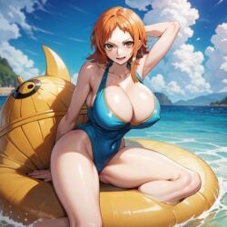 ahe_gao ai_generated artist_request big_breasts brown_eyes curvy female female_only large_ass nami nami_(one_piece) one_piece orange_hair pre-timeskip short_hair smiling swimwear thick_thighs