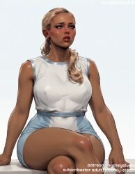 ai_generated arm_support bangs bare_arms bare_shoulders bent_knees blonde_hair blue_eyes blush breasts chloe_(detroit:_become_human) closed_mouth clothing crossed_legs dark-skinned_female dark_skin detroit:_become_human dress earrings english_text female female female_only hair_over_shoulder high-waist_skirt jewelry jousneystudio large_breasts lips long_hair looking_at_viewer makeup medium_breasts original parted_lips ponytail shiny_skin shirt sitting skirt sleeveless sleeveless_dress solo thick_thighs thighs tied_hair white_dress