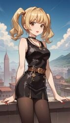 1girls ai_generated bangs bare_arms bare_shoulders belt belt_buckle black_choker black_dress black_pantyhose blonde_hair blue_sky blush breasts brown_belt brown_eyes brown_pantyhose buckle building chains choker city cityscape cloud collarbone cowboy_shot day death_note dress earrings gold_chain hair_intakes heart jewelry lips lipstick long_hair looking_at_viewer makeup medium_breasts medium_hair misa_amane mountain mountainous_horizon nail_polish natsuyoru necklace outdoors pantyhose parted_lips red_lips red_nails shiny_clothes short_dress sky sleeveless sleeveless_dress smile solo standing twintails zipper