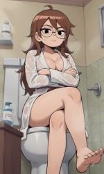 ai_generated ass barefoot bigmic145 bra breasts brown_hair cleavage clothed clothed_female clothing female female_only foot_fetish foot_focus glasses julie_powers messy_hair naked_robe netflix open_robe robe scott_pilgrim scott_pilgrim_takes_off see-through solo_female wet