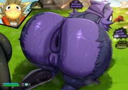 1boy 1girls all_fours anthro anus ass ass_focus astroodragon big_ass bulge erection fortnite fortnite:_battle_royale furry huge_ass humanoid purple_body purple_fur pussy raven_team_leader sunspot_(fortnite) sweat sweatdrop tagme