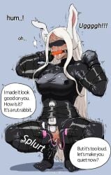 bdsm bitchsuit blindfold bondage bunny_ears crying english_text gag gagged gloves latex_clothes latex_suit mirko my_hero_academia red_eyes rumi_usagiyama sex_toy tan_skin text white_hair