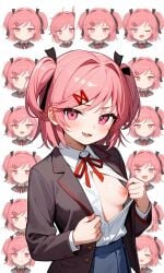 1girls ai_generated doki_doki_literature_club female female_only human natsuki_(doki_doki_literature_club) one_breast_out smug solo striptease